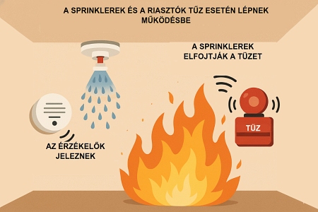 Tűz esetén a sprinklerek és a riasztók aktiválódnak; az érzékelők jeleznek, a sprinklerek pedig elfojtják a lángokat.