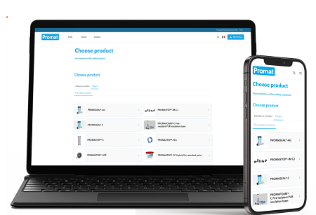Egy laptop és egy mobil, egymás mellett, nyitott alkalmazásokkal a tűzvédelmi termékek kiválasztásához.